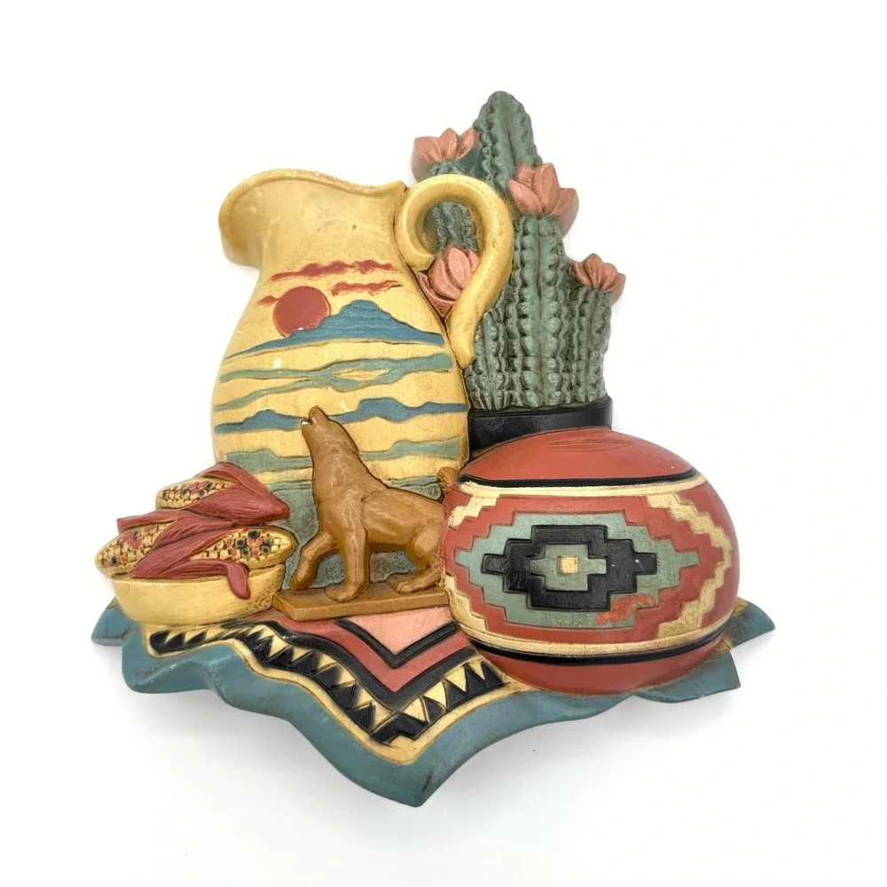 Vintage Home Interiors Southwestern Wall Decor Plaques Aztec Wolf Buffalo #3374